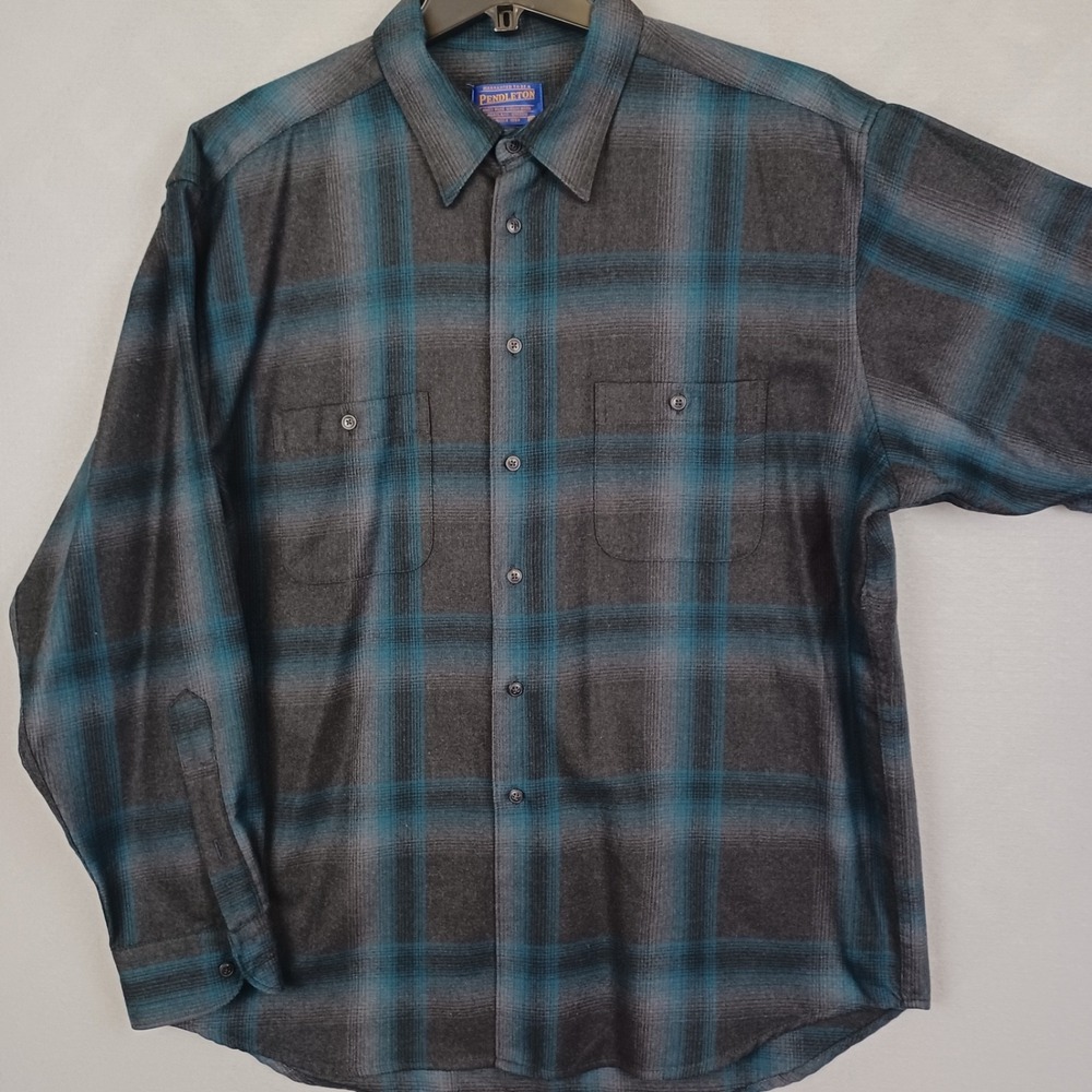 Pendleton Mens XL 100% Virgin Wool Plaid Shirt Teal Gray Long Sleeve USA Fabric